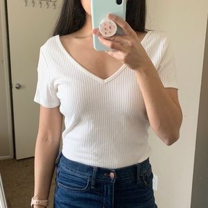 Ribbed White V-Neck Top